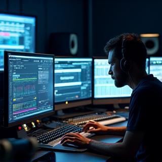 Lydtekniker foran skjermer i post-produksjonsstudio